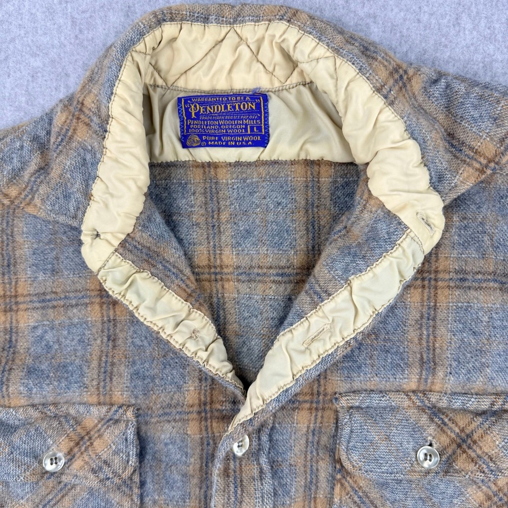 Vintage Pendleton Wool Flannel Shirt Men L Blue Tan Plaid Made in USA Small Hole